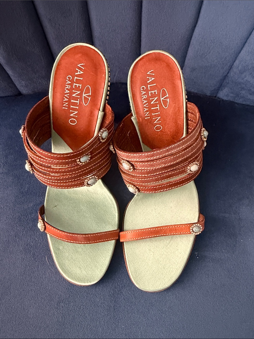 Valentino Garavani Rust Leather Jeweled Slide Sandals